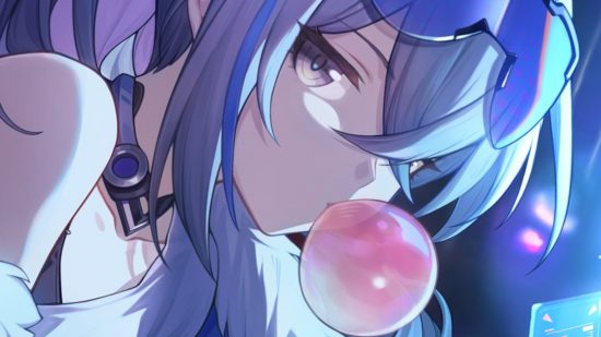 Honkai Star Rail events: A close-up of Silver Wolf blowing a bubble with bubblegum in her light cone 'Incessant Rain'