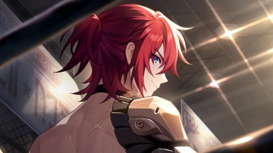 Honkai Star Rail Luka: A zoomed-in picture of Luka's light cone, showing him shirtless and looking over his shoulder towards the camera with a smirk on his face. He has scars on his back and you can see his mechanical shoulder.