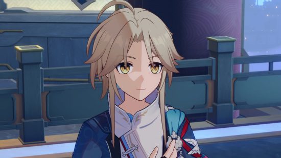A screenshot of Honkai Star Rail's Yanqing with his hand on his chest.