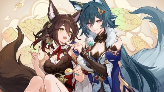 Honkai Star Rail Yukong and Tingyun sitting together, with Tingyun eating and Yukong wiping the corner of her mouth fondly