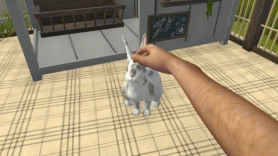 House Flipper DLC: A screenshot from House Flipper Pets DLC showing a human arm reaching out to pet a rabbit.