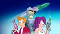 hulu download: Fry, Leela, and Bender from Futurama on a blue background