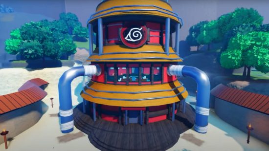 קודי Tycoon Kage: צילום מסך מהמשחק Roblox Kage Tycoon מציג בניין גדול עם סמל נארוטו בחזית