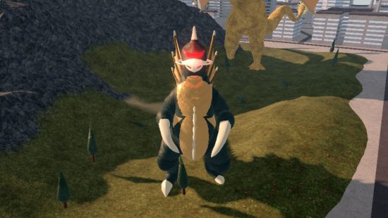 Kaiju Universe codes - screenshot from the game showing a kauju, a large beast that's sort of humanoid, but mostly dragon-like, green and white, with glowing red eyes, standing on a grassy green verge by a hill.