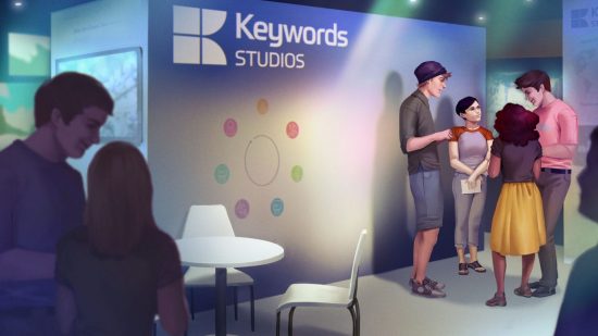 Grafika klucza ze strony Keywords Studio przedstawiająca osoby stojące w biurze Keywords