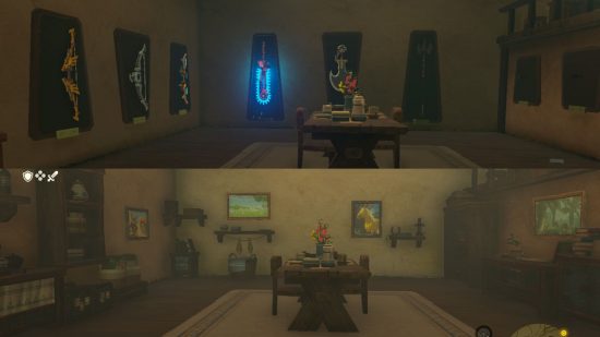 Link Zelda love - Two images, one showing Link's house before Zelda moved in with swords all over the walls, the other showing after Zelda moved in, you can now see horse pictures and art on the walls