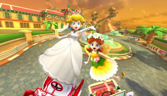 Key art for the Mario Kart Tour Princess Tour with Daisy and Peach on-screen