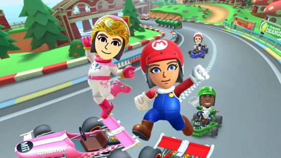 Screenshot of Miis jumping for joy in the Mario Kart Tour Wii Tour trailer