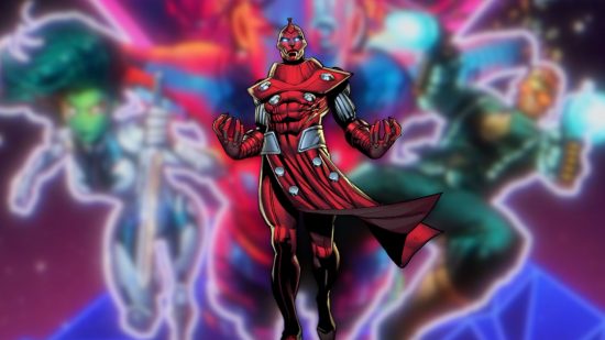 Niestandardowy obraz gry Marvel Snap's High Evolutionary z tłem Marvel SNap przedstawiającym bohaterów Strażników
