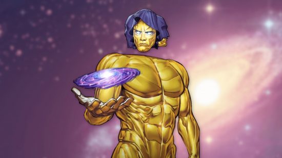 custom image of Marvel Snap's Living Tribunal looking at a galaxy in his hand in the depths of space