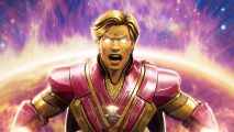 MCoC Guardians of the Galaxy: Adam Warlock, a golden humanoid character with gold and red armour, yelling at the camera with a burning planet behind him.