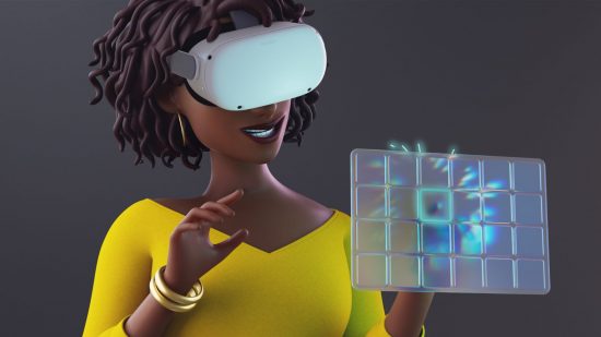Meta EU fine -- a cartoon woman in a yellow jumper with a white VR headset on her head looking at a floating grid and tapping it.