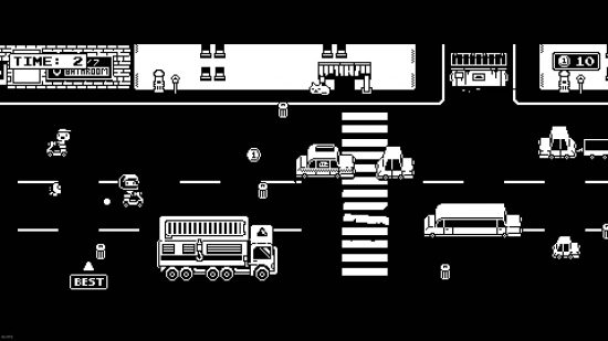 Minit Fun Race release date: a pixelated black and white scene shows a small person riding on a car