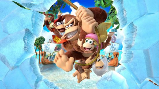 Monkey games: key art for Donkey Kong: Tropical Freeze shows Donkey Kong swinging on a vine