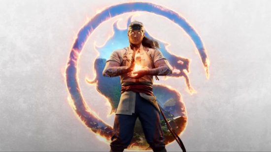 Mortal Kombat 1 characters - Liu Kang stood in front of the Mortal Kombat logo with fire in his hands