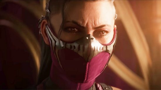 Mortal Kombat 1 characters: Mileena sitting in a carage staring intently ahead