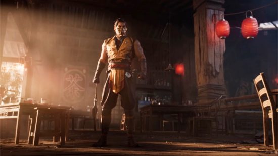 Mortal Kombat 1 characters: Scorpion stood in his human form in the middle of a room surrounded by tables