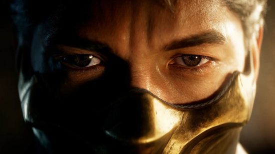 Mortal Kombat 1 file size - closeup of a mans face with a mask over his mouth and nose. His eyes are steely and light shines from the right onto his face and brown hair.
