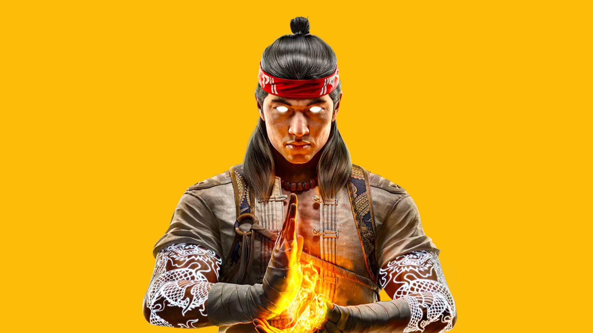 Mortal Kombat 1 release date - Mortal Kombat character with hands together as if in prayer. He has his hair tied in a bun, dead white eyes, and a red headband. Fire comes off of his touching hands.