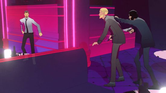 Movie games: a cut scene shows a stylised version of John Wick holding a person hostage