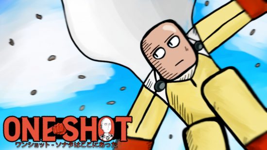 One Shot codes key art depicting One Punch Man in the sky surrounded by clouds