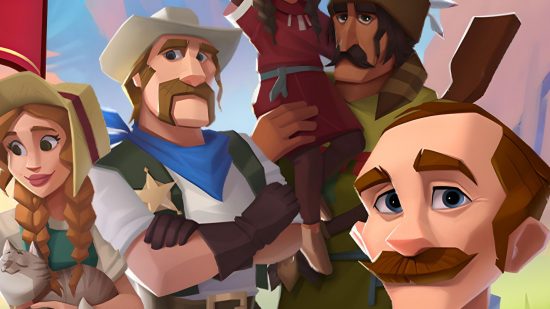 Oregon Trail Boom Town mobile key art showing four cartoon people, all with big moustaches dressed like cowboys from America.