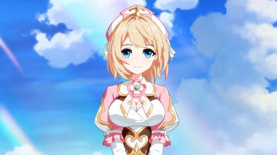 Outerplane tier list: A pink nurse character standing on a blue sky background with a rainbow