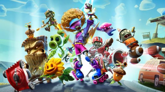 Plants Vs Zombies download - promotional art for Battle for Neighbourville showing a group of plants and zombies ready for a fight