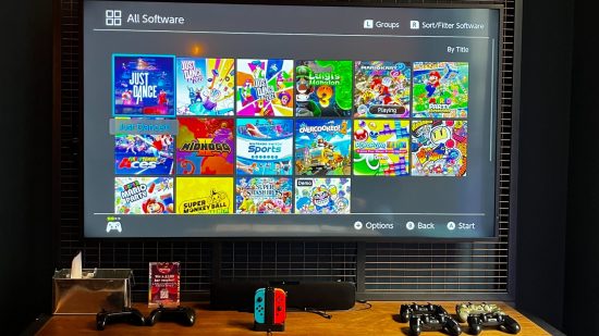 a tv display an array of nintendo switch titles