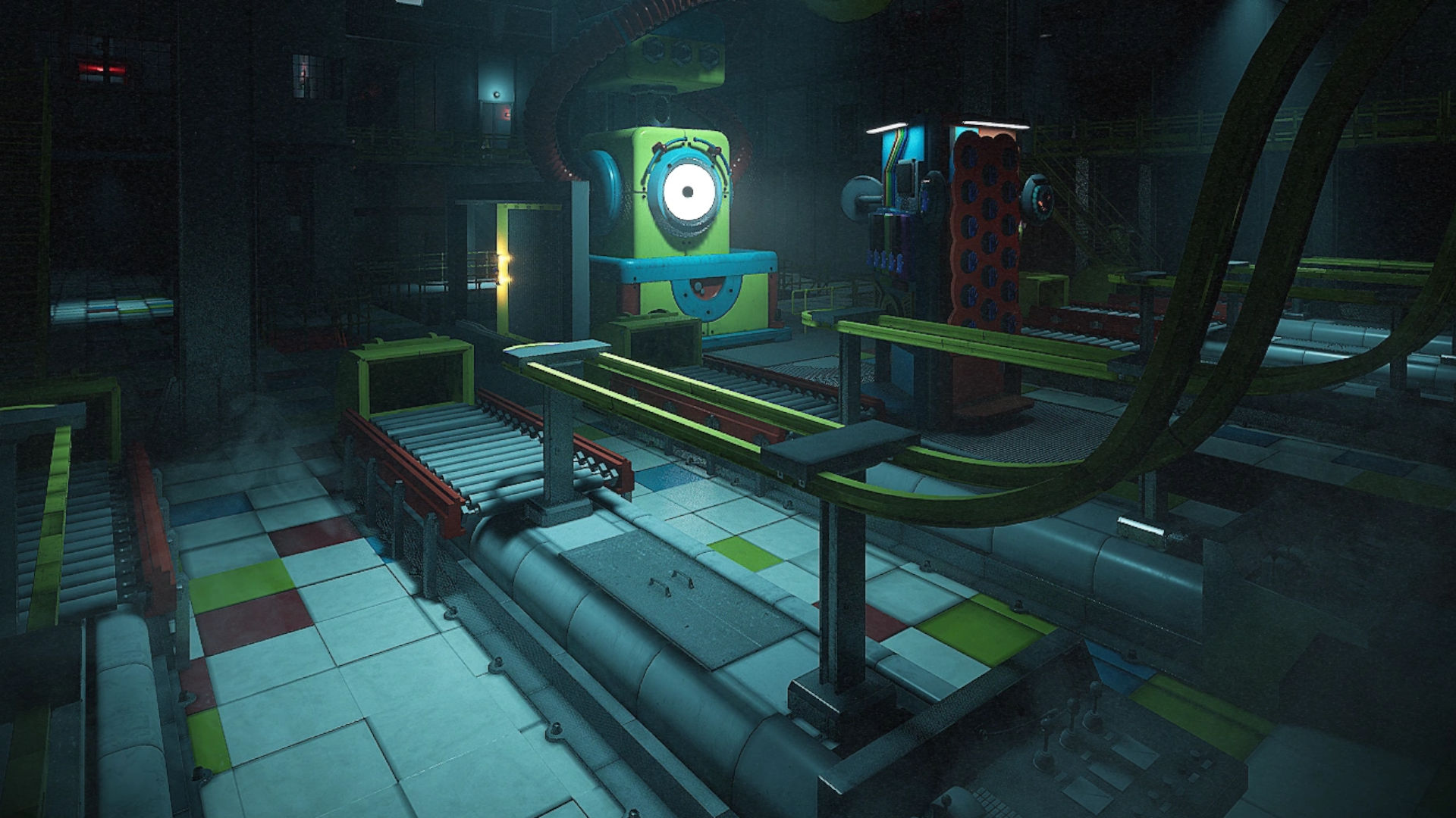 Screenshot of inside the Poppy Playtime factory with machinery of the shop floor