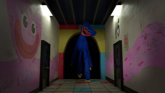 Poppy Playtime fanart: Huggy Wuggy walks creepily down a dark corridor