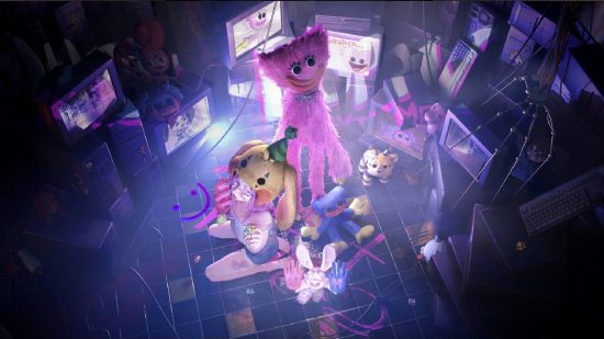 Poppy Playtime fanart: Kissy Missy appears in a creepy room, surrounded by dolls and monitors with her face on