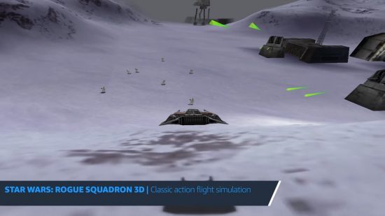 Prime Gaming still of Star Wars: Rogue Squadron in action, with a bar that has the game's title and "Classic action flight simulation" and a shot of a ship flying over snow.