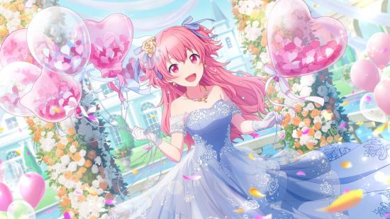 Project Sekai cards: Airi smiling widely wearing a light blue bridal dress and holding heart shaped and cat shaped balloons filled with confetti