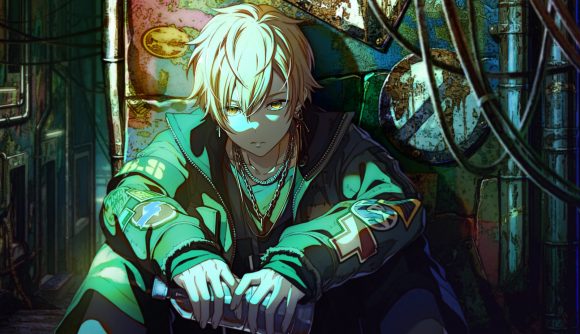 Project Sekai events: Akito sat against a dirty, graffitied wall, holding a bottle of water and staring at the camera in low light.