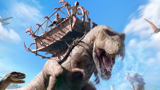 PUBG Mobile Dinoground: Key art of the PUBG macot and another guy riding in a prehistoric saddle/cart on top of a roaring t-rex on a blue sky.