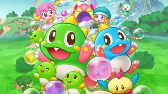 Puzzle Bobble Everybubble review: art shows several of the dragon characters from Puzzle Bobble