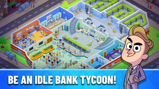 A screenshot of the relaxing game Idle Bank Tycoon, showing a busy bank with a banker in the foreground saying 'become an idle bank tycoon'