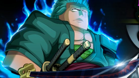 Roblox One Piece - Mężczyzna o niebieskich włosach i jednym oku błyszczy niebieskim światłem