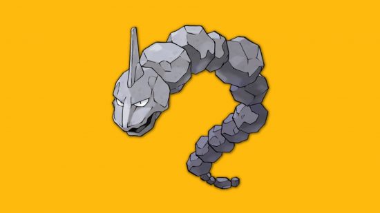 rock Pokémon weakness: a giant Onix on a yellow background
