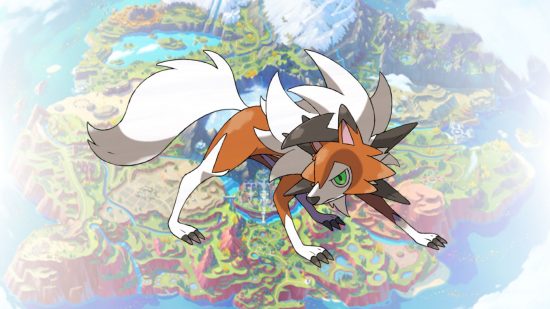 Rockruff eevolution - Lycanroc's dusk form in from of a map of Paldea