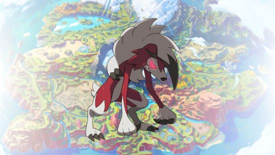 Rockruff evolution - Lycanroc's midnight form in front of a map of Paldea