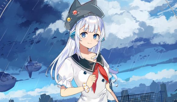 Rotaeno free download: Ilot wearing a black beret with cat eats and a traditional sailor uniform/seifuku standing in front of a cloudy blue sky.