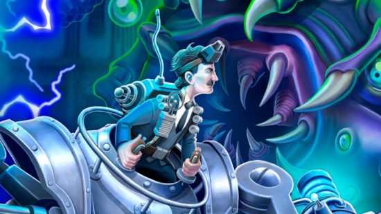 Science games: A zoomed-in key art image of Nikola Tesla in his mech facing of against a monster baring its teeth