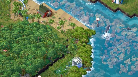 Science games: A screenshot from Terra Nil showing a lush rainforest and a beach, plus a body of water with a coral reef and some whales.