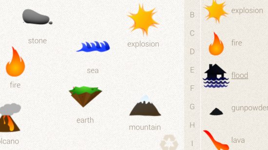 Science games: A screenshot from Little Alchemy showing the simple symbols used to represent all the things you can make, including waves for the sea, a cartoon mountain, and more