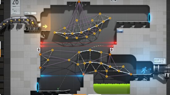 Science games: A screenshot from Bridge Constructor Portal showing a convoluted bridge system and deadly obstacles.