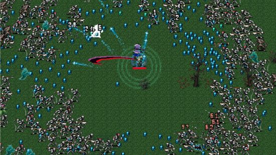 Captura de pantalla de una pantalla ocupada de Vampire Survivors con un ataque de látigo para la mejor guía de juegos para un jugador