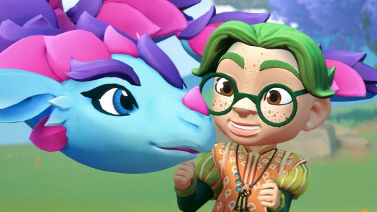 Skye Tales release date: Skye the dragon, a purple and blue dragon, and Moss, a child with green hair, glasses, and freckles, chatting excitedly.