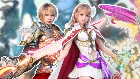 Square Enix mobile games: Two blonde characters from FFBE on a blurred background.